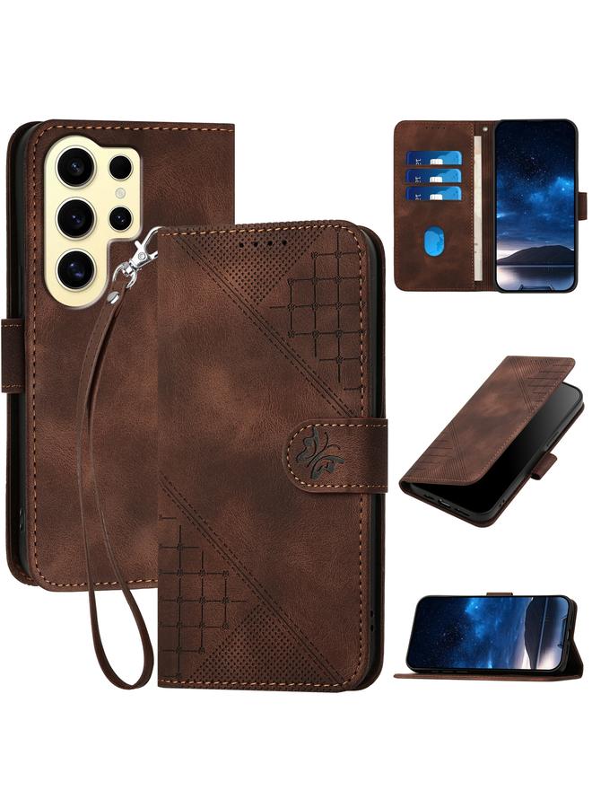 erorex Case For Samsung Galaxy S24 Ultra 5G YX0080 Grid Butterfly Embossed Pattern Flip Leather Phone Case with Lanyard - Image 1