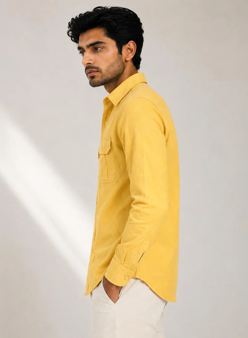 CAHOOT Men's Yellow Plain/Basic Regular Shirt For Casual Wear | Collared Neck | Long Sleeve | Button Closure | Cotton Shirt Crafted With Comfort Fit For Everyday Wear