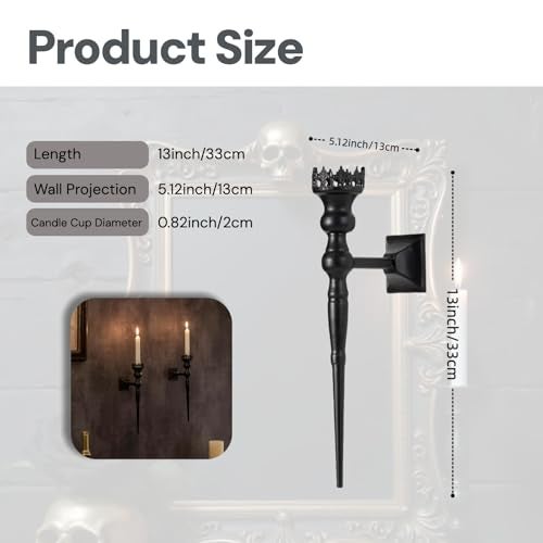 Woparty Gothic Wall Sconce Candle Holder for Taper Candles (Set of 2) Black Iron Crown and Scepter Design Victorian Wall Decor for Living Room, Bathroom,Dining Room - Image 2