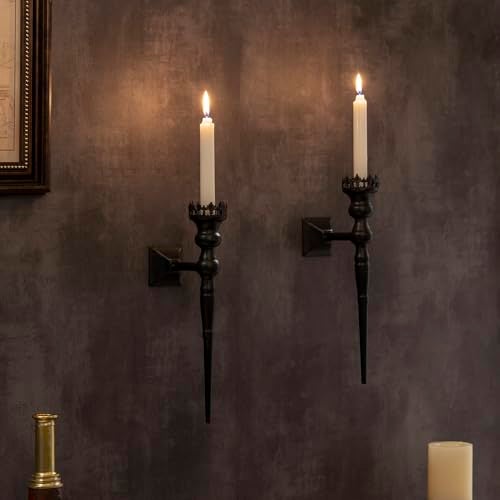Woparty Gothic Wall Sconce Candle Holder for Taper Candles (Set of 2) Black Iron Crown and Scepter Design Victorian Wall Decor for Living Room, Bathroom,Dining Room - Image 1