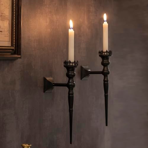 Woparty Gothic Wall Sconce Candle Holder for Taper Candles (Set of 2) Black Iron Crown and Scepter Design Victorian Wall Decor for Living Room, Bathroom,Dining Room - Image 3