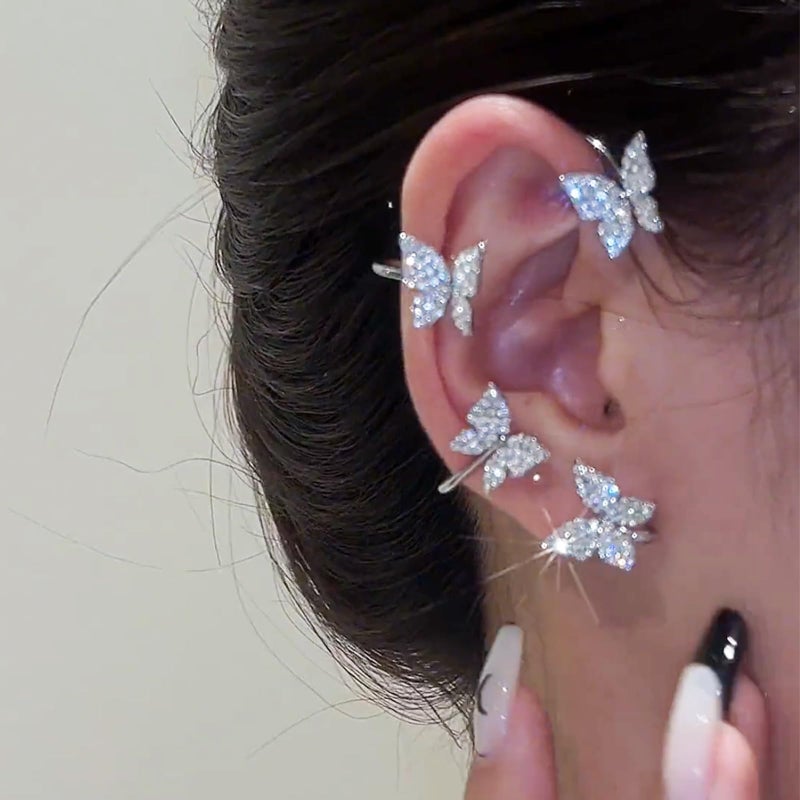 HTH Butterfly Ear Cuff Earrings Sparkly Butterfly Ear Wrap Clip On Earrings Fairy Right Left Ear Cuffs Non Piercing (Silver) - Image 3