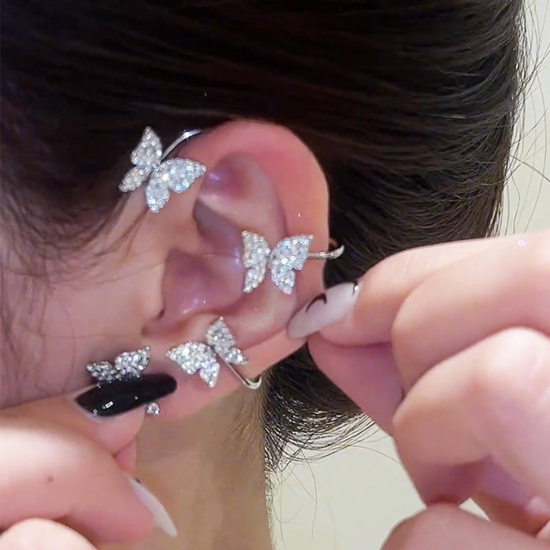HTH Butterfly Ear Cuff Earrings Sparkly Butterfly Ear Wrap Clip On Earrings Fairy Right Left Ear Cuffs Non Piercing (Silver) - Image 4