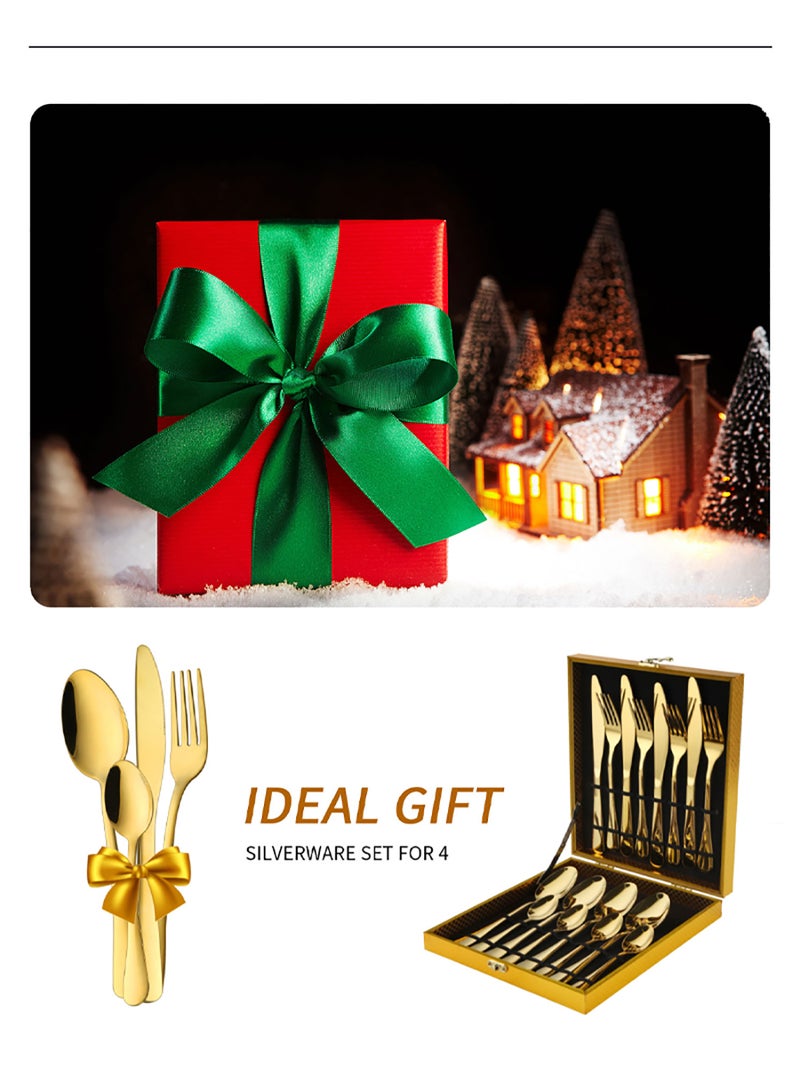 Sunhome 16-Piece Stainless Steel Cutlery Set Kitchen Utensil Set Western Tableware Surface Texture-Free Suitable For Home Kitchen Restaurant Hotel Party Dining Picnic Dining Exquisite Packaging For Gift Gold 23cm - Image 3