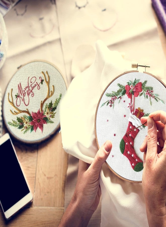 Canlierr 6 Sets Christmas Embroidery Kit with Pattern and Instructions Embroidery Starter Pattern Hoop Colored Threads Needlepoint Kit for Beginners Adults Supplies(Wreath Style) - Image 5
