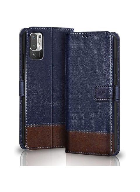 Dual-Color Leather Finish Flip Back Cover for Poco M3 PRO 5G | Inside Pockets & Inbuilt Stand | Wallet Style | Magnet Closure Poco M3 PRO 5G Flip Case (Blue & Brown)