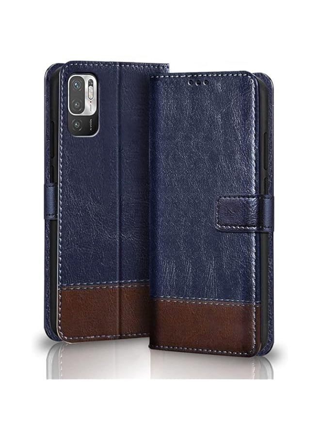 Generic - Dual-Color Leather Finish Flip Back Cover for Poco M3 PRO 5G | Inside Pockets & Inbuilt Stand | Wallet Style | Magnet Closure Poco M3 PRO 5G Flip Case (Blue & Brown) - Image 1