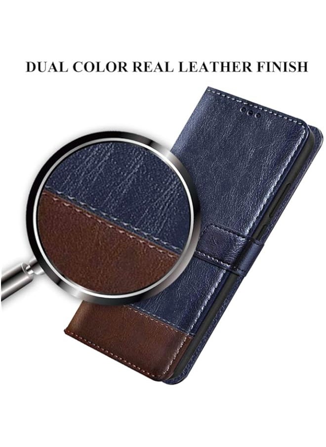 Generic - Dual-Color Leather Finish Flip Back Cover for Poco M3 PRO 5G | Inside Pockets & Inbuilt Stand | Wallet Style | Magnet Closure Poco M3 PRO 5G Flip Case (Blue & Brown) - Image 1