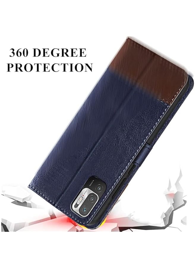 Generic - Dual-Color Leather Finish Flip Back Cover for Poco M3 PRO 5G | Inside Pockets & Inbuilt Stand | Wallet Style | Magnet Closure Poco M3 PRO 5G Flip Case (Blue & Brown) - Image 1
