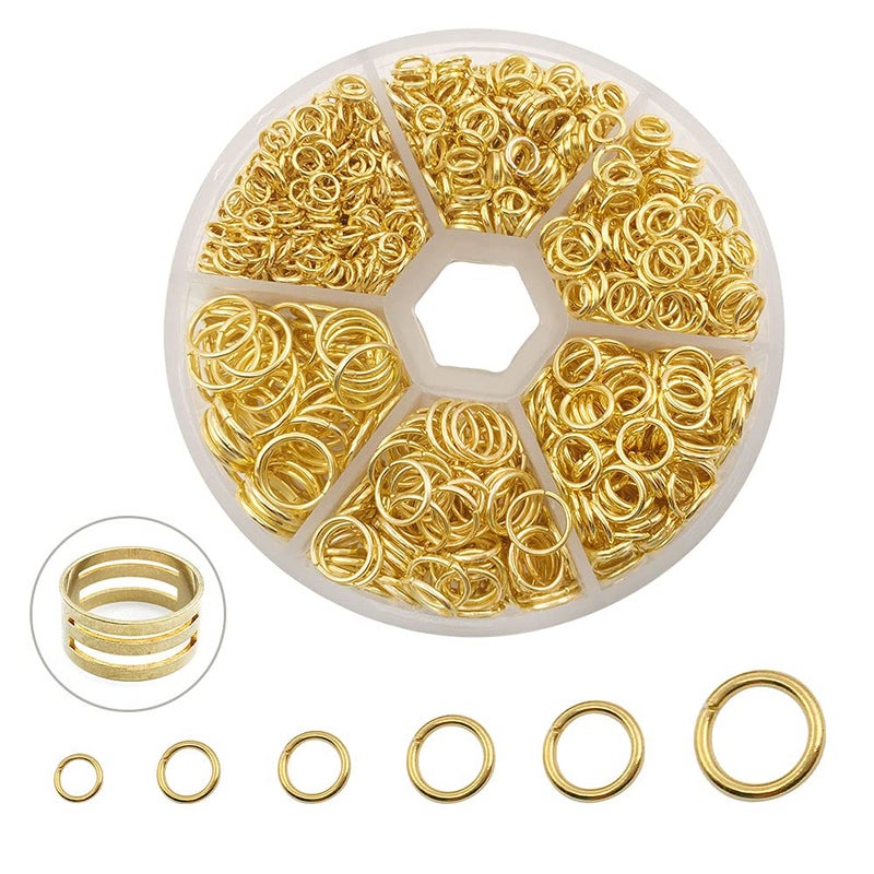 1500Pcs Mixed 6 Sizes Open Jump Rings4mm 5mm 6mm 7mm 8mm 10mm Jump Ring Jewelry Keychain for Jewelry Making Accessories with 1Pcs Jump Ring OpenClose Tool and 1Pcs Storage Box Gold