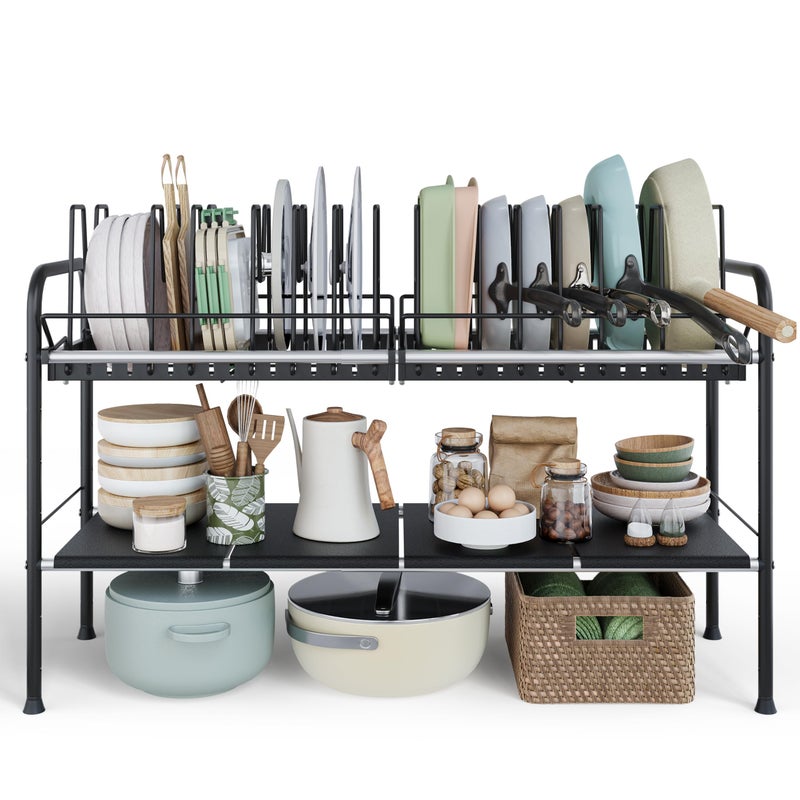 NETEL Adjustable Under Sink Organizers and Storage,Pots and Pans Organizer Under Kitchen Cabinet,Pan Lid Organizers Inside Cabinet,Expandable Cabinet Storage Shelf with Pan Rack and 14 Dividers - Image 1