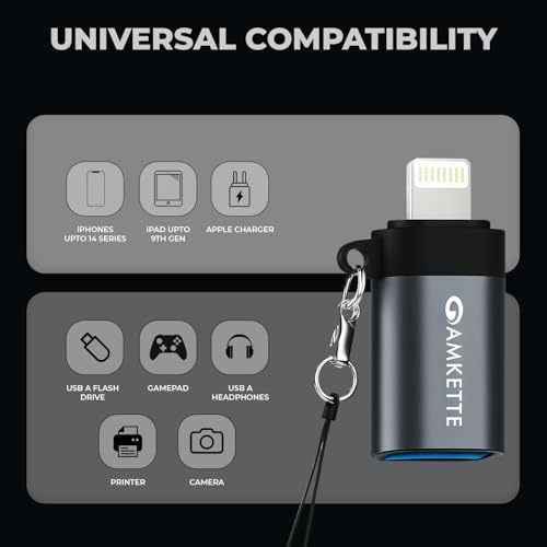 Amkette iConnect Mini Lightning to USB Adapter, Connect USB Drives, Keyboards, Mice to iPhone & iPad with Lightning OTG Adaptor, Plug & Play iPhone OTG Connector, Attached Lanyard, Geoforce 1016 Chip - Image 4