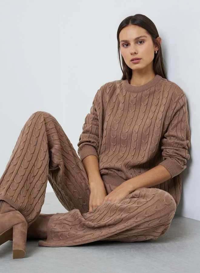 Styli Beige Cable Knit Sweater And Pants Co-Ord Set