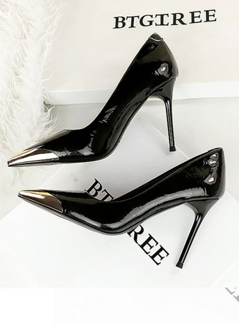 BIGTREE Women's Elegant Metal Closed Pointed Toe Party Stiletto Pumps Patent Leather High Heels 9.5CM Black - Image 3