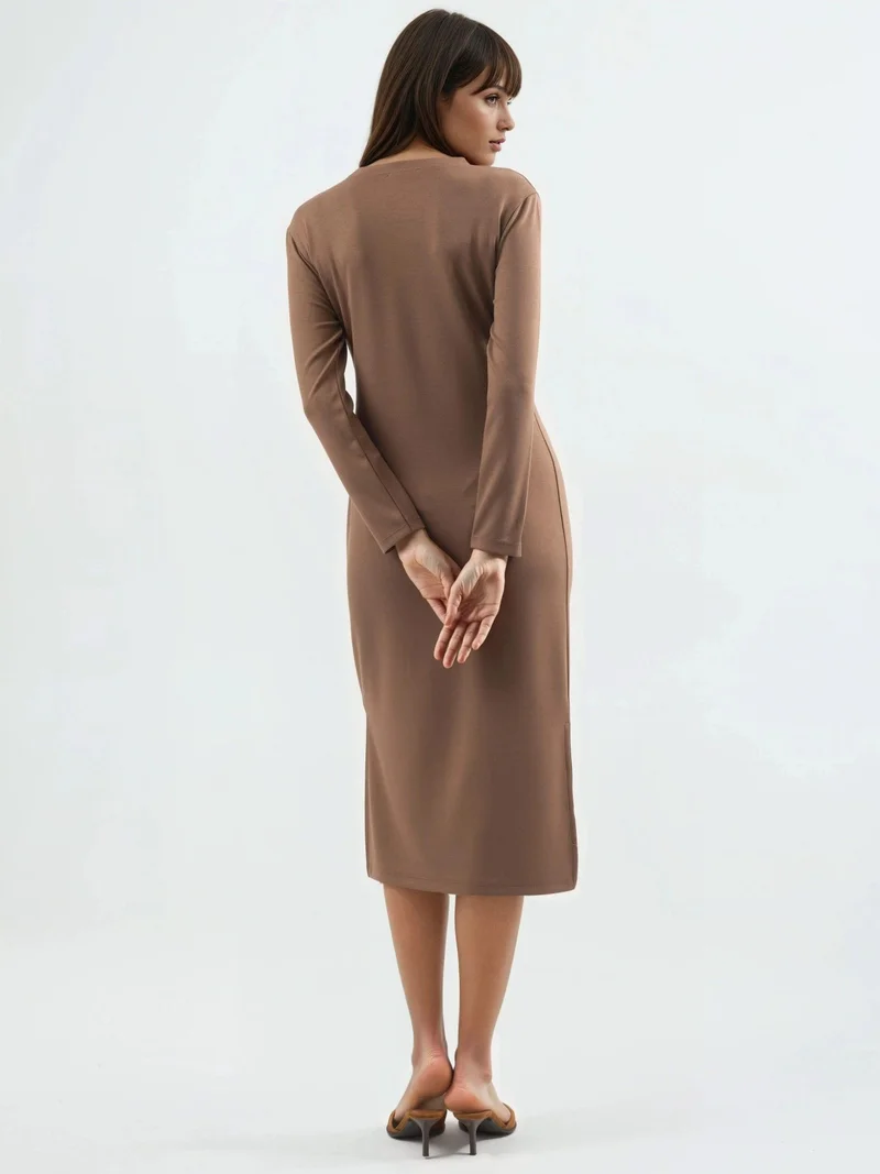 Hiccup Camel Brown Modal Touch Slit Dress Bersan Collection for Women | Best Price UAE