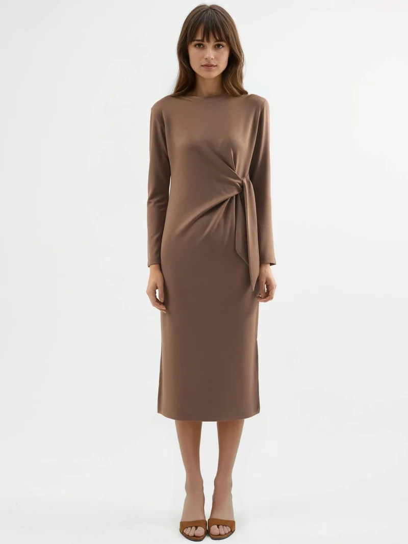 Hiccup Camel Brown Modal Touch Slit Dress Bersan Collection for Women | Best Price UAE