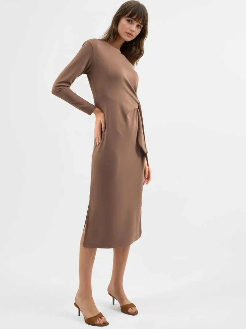Hiccup Camel Brown Modal Touch Slit Dress Bersan Collection for Women | Best Price UAE