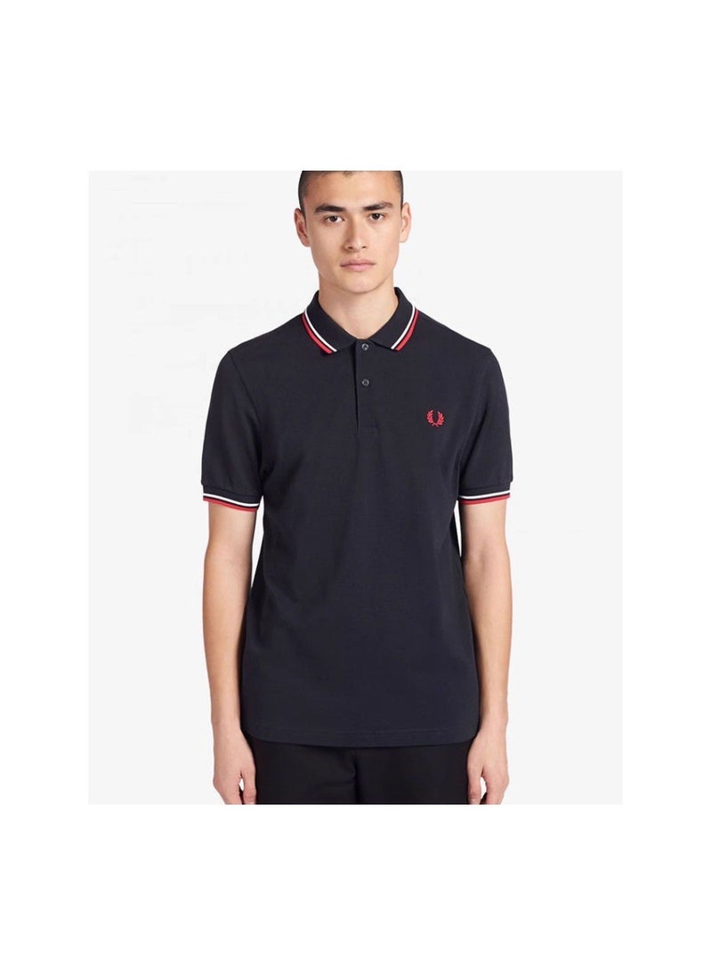 FRED PERRY Cotton summer casual short-sleeved men's polo shirt/ Navy blue red and white border  - Image 3
