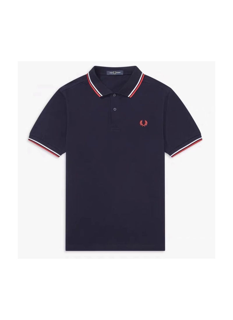 FRED PERRY Cotton summer casual short-sleeved men's polo shirt/ Navy blue red and white border  - Image 1