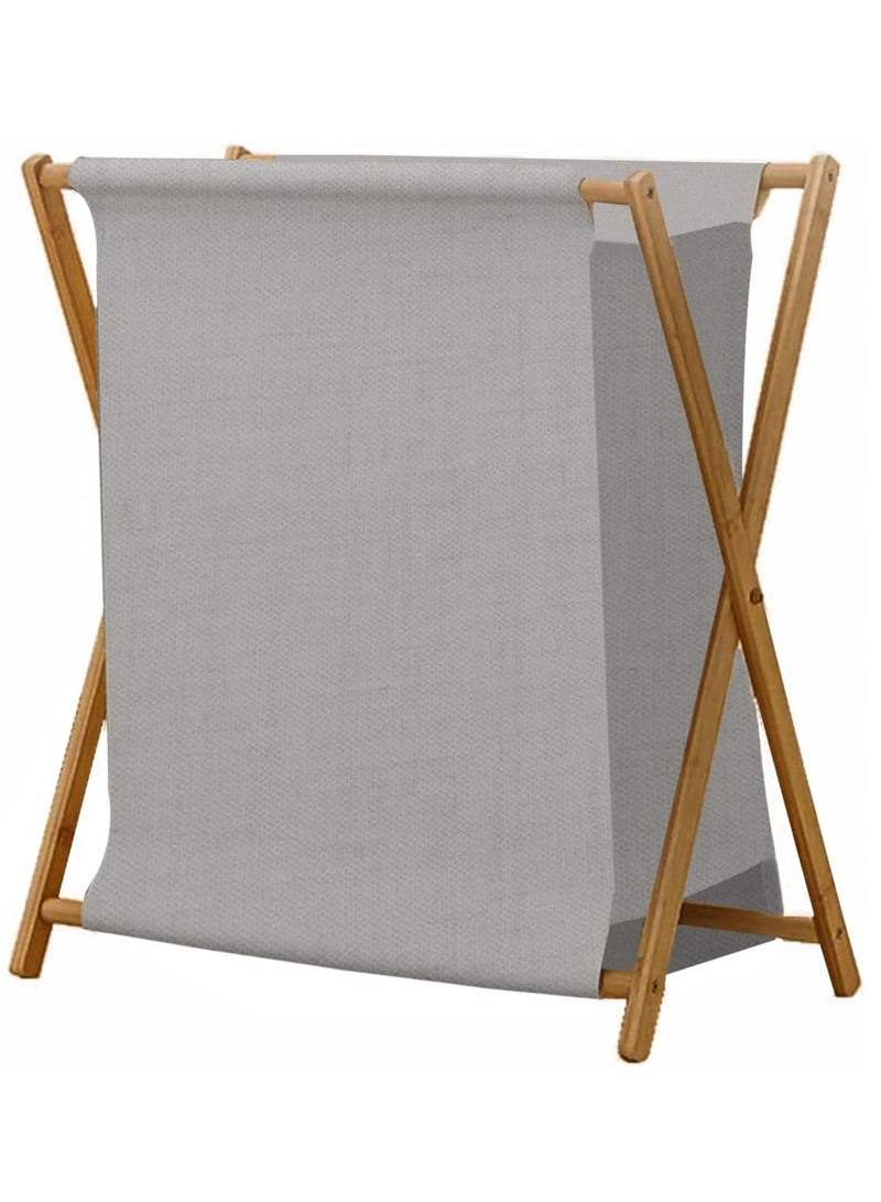 Bamboo Laundry Basket Folding Clothes Basket Clothes Basket Bucket, Storage Basket Dirty Clothes Basket with Removable Lining Bag Bathroom Laundry Organizer (Grey) - Image 1
