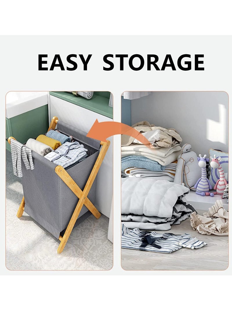 Bamboo Laundry Basket Folding Clothes Basket Clothes Basket Bucket, Storage Basket Dirty Clothes Basket with Removable Lining Bag Bathroom Laundry Organizer (Grey) - Image 2