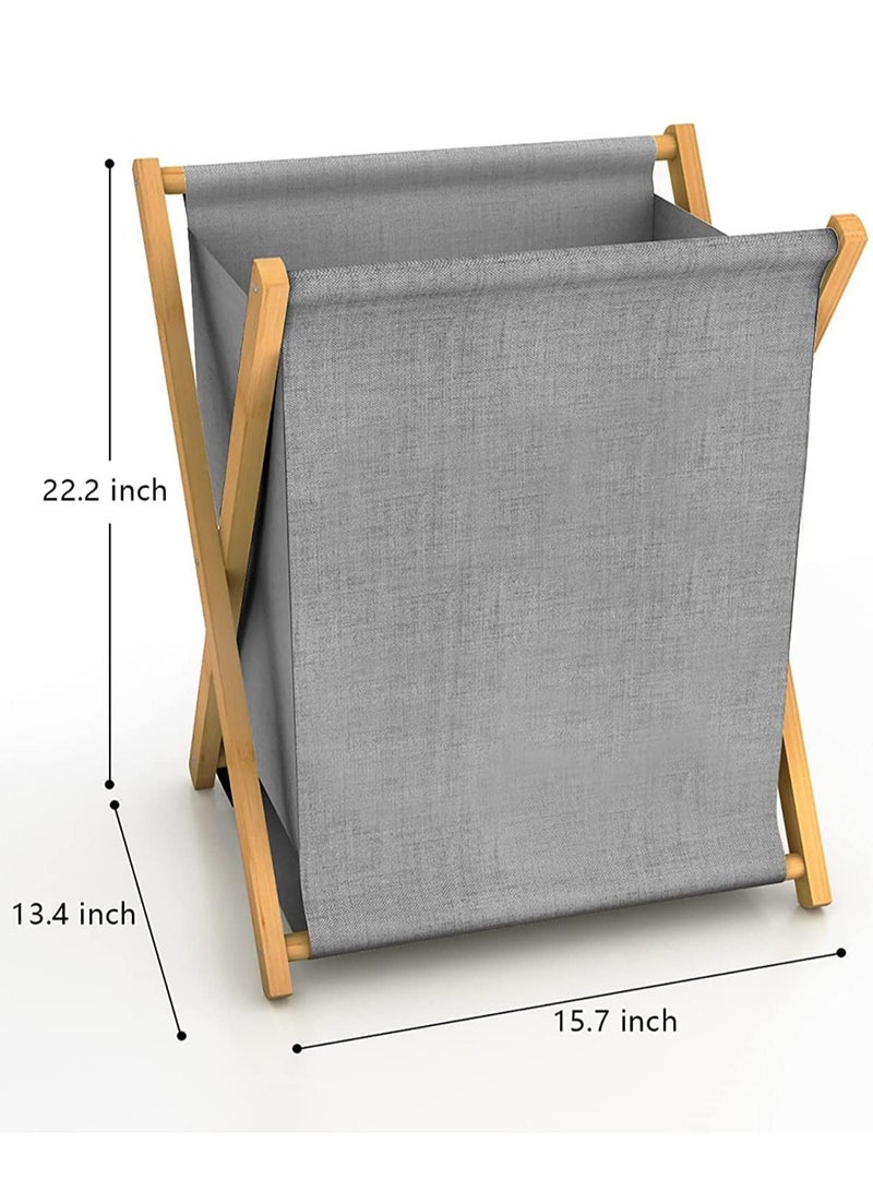 Bamboo Laundry Basket Folding Clothes Basket Clothes Basket Bucket, Storage Basket Dirty Clothes Basket with Removable Lining Bag Bathroom Laundry Organizer (Grey) - Image 4