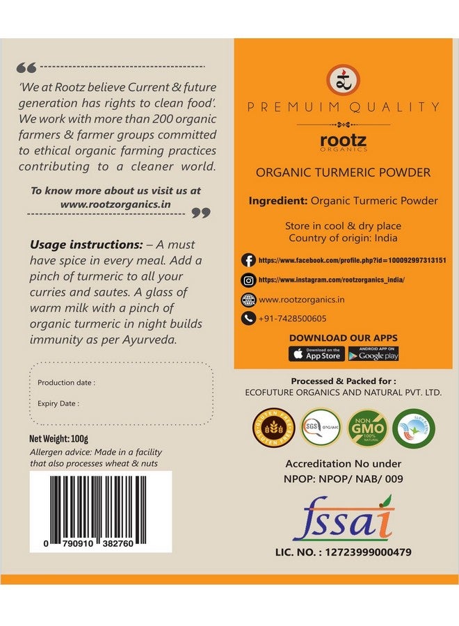 Rootz Organics Lakadong Turmeric Powder (100g) | (7-12)% High Curcumin Content | Unprocessed and Organic Haldi Powder (100 Gram Pack of 1) - Image 2