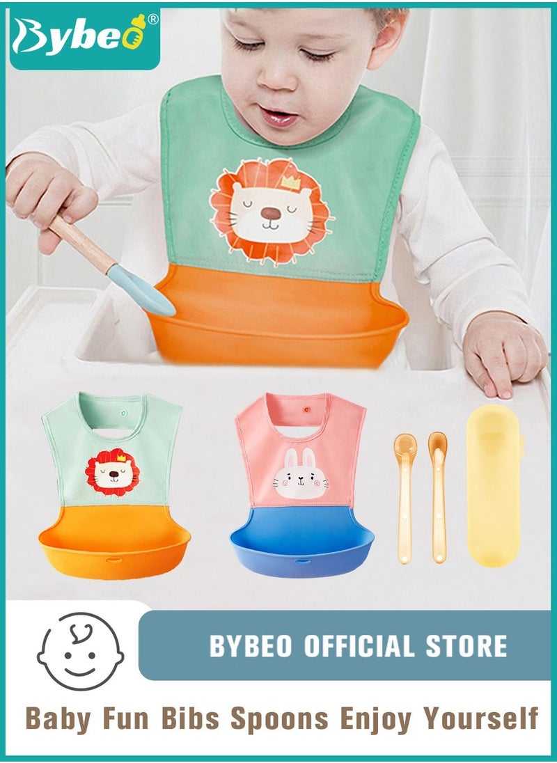 Bybeo - 2 PCS Baby Silicone Bibs With Storage Boxs and 2 Spoons, Infant Feeding Bib with Pocket for Boys Girls, Waterproof Adjustable - Image 1