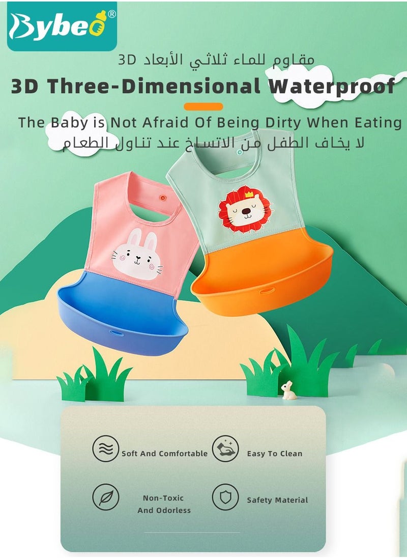 Bybeo - 2 PCS Baby Silicone Bibs With Storage Boxs and 2 Spoons, Infant Feeding Bib with Pocket for Boys Girls, Waterproof Adjustable - Image 1