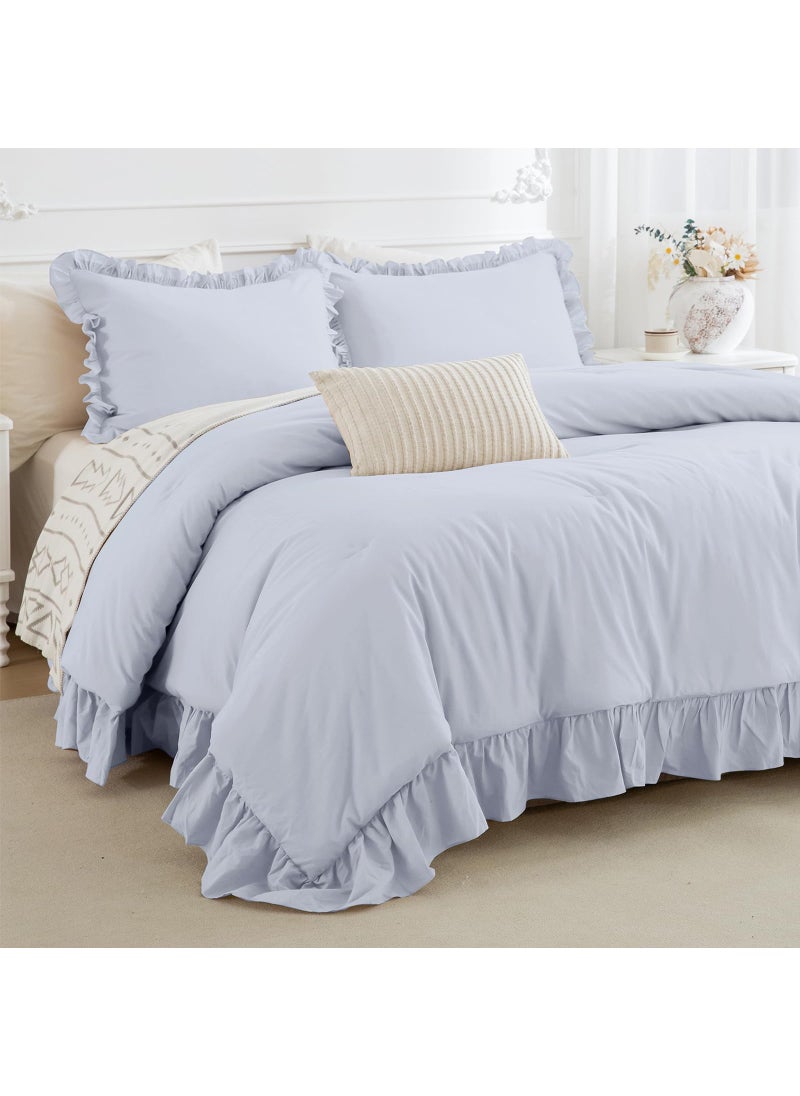 CozyTide CozyTide 100% Cotton Ruffled King Comforter Set Farmhouse Cornflower Blue Shabby Ruffle Bedding Comforter Lightweight Ultra Soft Vintage Rustic Bedding for All Season  - Image 1