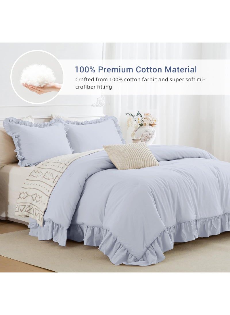 CozyTide CozyTide 100% Cotton Ruffled King Comforter Set Farmhouse Cornflower Blue Shabby Ruffle Bedding Comforter Lightweight Ultra Soft Vintage Rustic Bedding for All Season  - Image 3