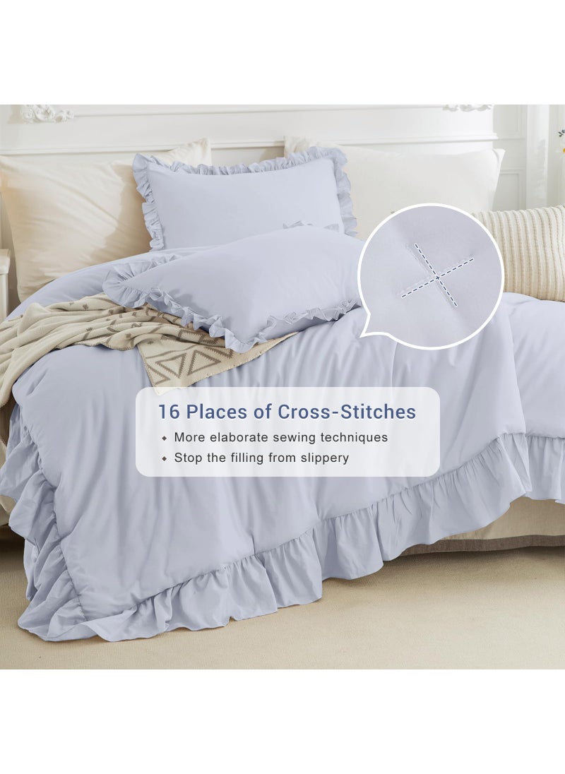 CozyTide CozyTide 100% Cotton Ruffled King Comforter Set Farmhouse Cornflower Blue Shabby Ruffle Bedding Comforter Lightweight Ultra Soft Vintage Rustic Bedding for All Season  - Image 5