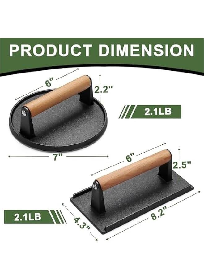 BWSJ Burger Press 7 Round 82 X 43 Rectangle HeavyDuty Cast Iron Smash  Press Meat Steak with Wood Handle for Griddle Sandwich Nonstick Pan - Image 2