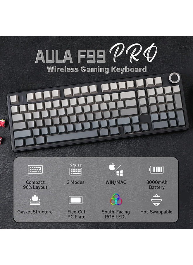 AULA - Aula F99 PRO 96% Mechanical Gaming Keyboard, BT5.0/USB-C/2.4GHz Wireless, Hot Swappable Gasket Custom Keyboard with 8000mAH Battery, Rotary Knob, RGB Backlit for Win/Mac (Grey) - Image 1