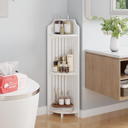 VECELO 3-Tier Bathroom Shelves for Narrow Space, Modern Corner Shelf Stand,Small Storage Organizer for Bathroom,Toilet Paper Stand,White - Image 3