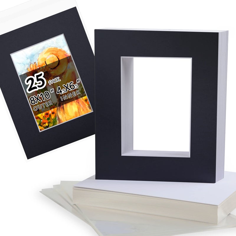 Acid Free 8x10 PreCut Picture Mat Board Kit for 5x7 Photo Includes 25 Black Core Bevel Cut Mattes 25 Backing Boards 25 Crystal Clear Bags