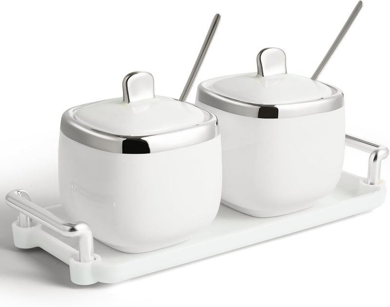 EABOSON Ceramic Sugar Bowl 2 Pack, Porcelain Seasoning Jar with Tray, Spoon and Lid for Sugar, Pepper, Coffee, Spice, Salt (silver) - Image 1