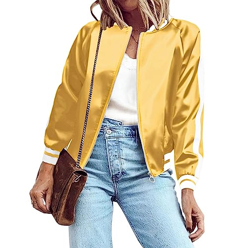 Zeagoo Women's Classic Solid Striped Biker Jacket Zip Up Fashion Bomber Jacket Coat Gold Small - Image 1