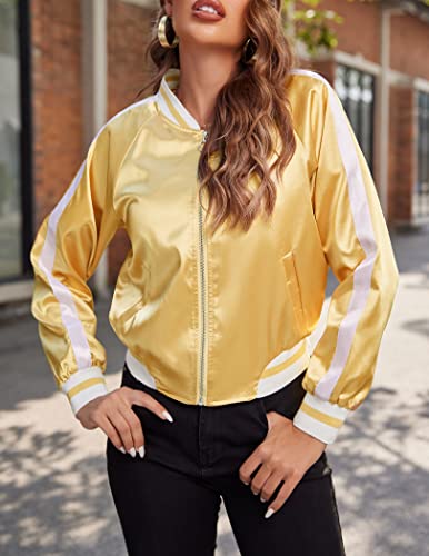 Zeagoo Women's Classic Solid Striped Biker Jacket Zip Up Fashion Bomber Jacket Coat Gold Small - Image 4