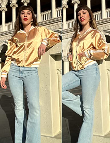 Zeagoo Women's Classic Solid Striped Biker Jacket Zip Up Fashion Bomber Jacket Coat Gold Small - Image 5