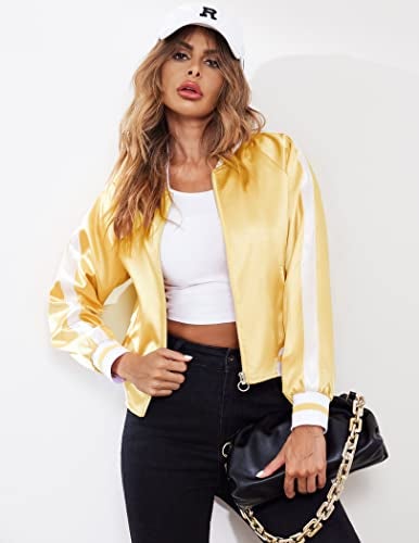 Zeagoo Women's Classic Solid Striped Biker Jacket Zip Up Fashion Bomber Jacket Coat Gold Small - Image 2