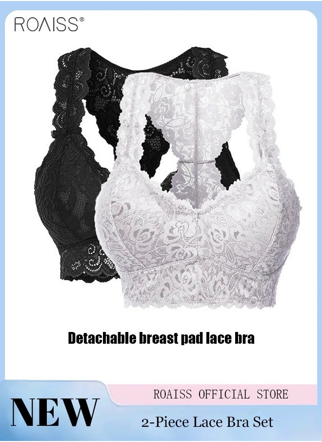 roaiss - Women's 2 Piece Lace Bra  Hollow Removable Bra Pad Without Steel Ring - Image 1