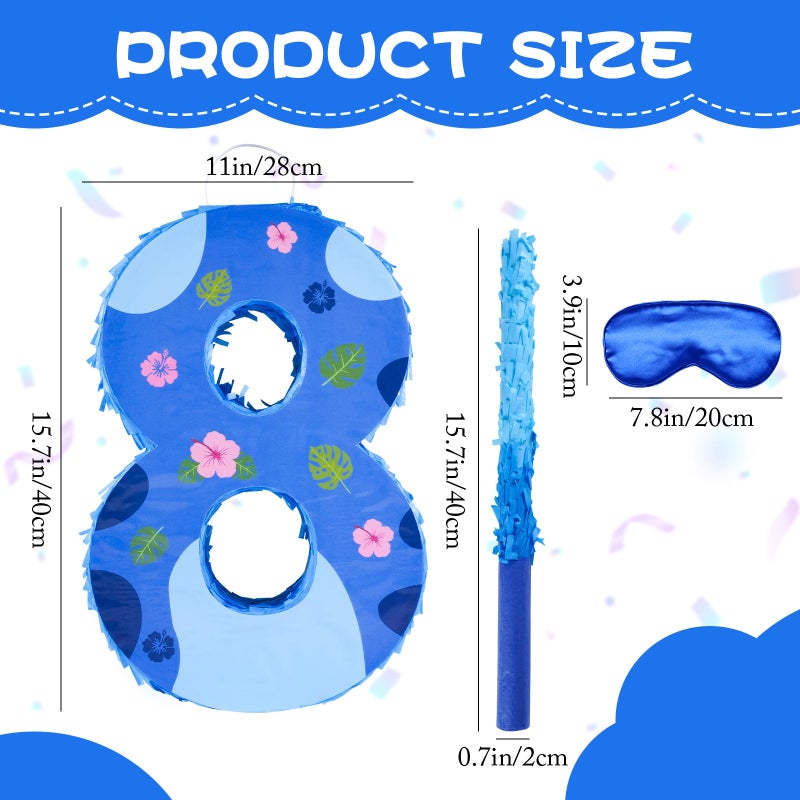 Sodolike 16 Inch Blue Pinata Set with Hawaii Pattern Number 8 PiÃ±ata, Blindfold and Stick for Boys Girls 8th Birthday Party Decorations (8-Hawaii Pattern PiÃ±ata) - Image 2