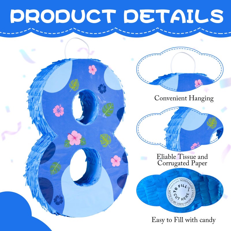 Sodolike 16 Inch Blue Pinata Set with Hawaii Pattern Number 8 PiÃ±ata, Blindfold and Stick for Boys Girls 8th Birthday Party Decorations (8-Hawaii Pattern PiÃ±ata) - Image 3