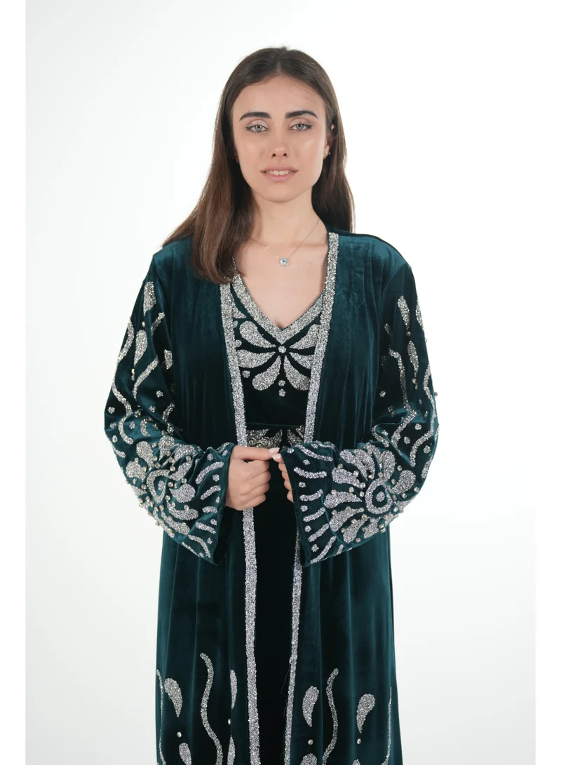 AL BENT AL SHARQIEH Velvet kaftan jalabiya dress with belt