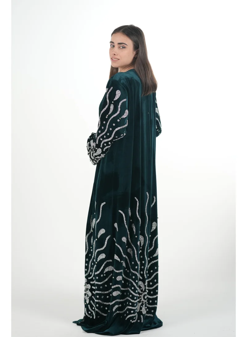AL BENT AL SHARQIEH Velvet kaftan jalabiya dress with belt