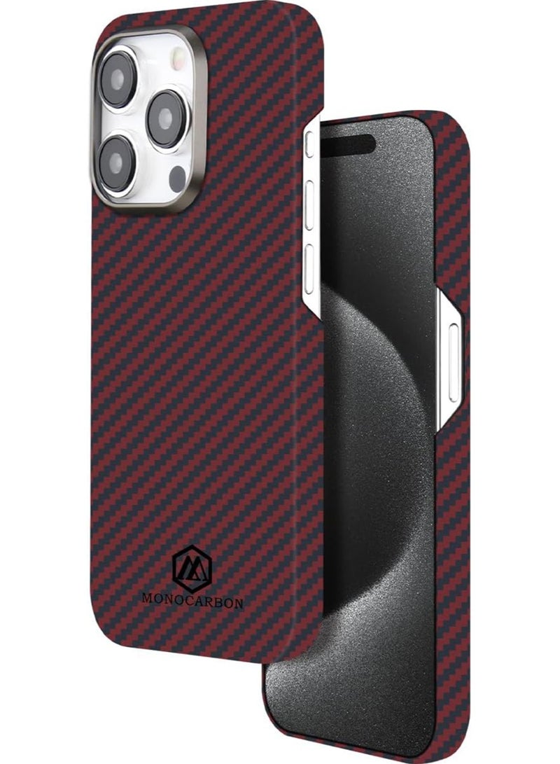 MONOCARBON Real Aramid Fiber [Ultra Slim] for iPhone 15 PRO Case Cover [MagSafe Compatible] Lightweight Anti-Scratch - Matte Red Black - Image 1
