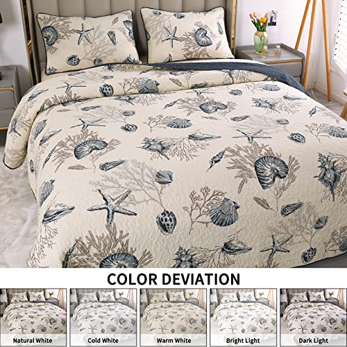 Comforbed Qucover Coastal Quilts King Size, 3-Pieces Blue Shell Starfish Beach Themed Bed Spreads, Soft Breathable Cotton Coastal Bedspreads King, with Pillow Shams, All Seasons, 98x106 Inch - Image 5