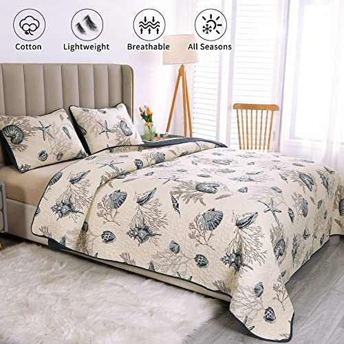 Comforbed Qucover Coastal Quilts King Size, 3-Pieces Blue Shell Starfish Beach Themed Bed Spreads, Soft Breathable Cotton Coastal Bedspreads King, with Pillow Shams, All Seasons, 98x106 Inch - Image 2