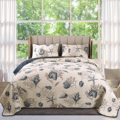 Comforbed Qucover Coastal Quilts King Size, 3-Pieces Blue Shell Starfish Beach Themed Bed Spreads, Soft Breathable Cotton Coastal Bedspreads King, with Pillow Shams, All Seasons, 98x106 Inch - Image 1